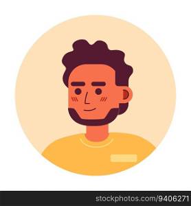 Happy indian man semi flat vector character head. Editable cartoon avatar icon. Man with beard and curly hair. Face emotion. Colorful spot illustration for web graphic design, animation. Happy indian man semi flat vector character head. Editable cartoon avatar icon