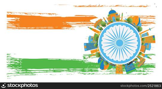 Happy Indian Republic Day Banner. Vector illustration. Concept with indian Landmarks and copy space. Buildings on indian flag.