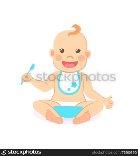 Happy infant baby boy eats itself isolated. Vector toddler in bib and diaper with spoon and bowl of porridge, 6 to 12 month milestones of newborn kid. Happy Infant Baby Boy Eats Itself Isolated Vector