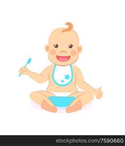 Happy infant baby boy eats itself isolated. Vector toddler in bib and diaper with spoon and bowl of porridge, 6 to 12 month milestones of newborn kid. Happy Infant Baby Boy Eats Itself Isolated Vector