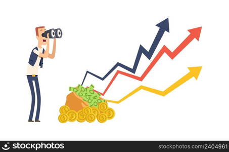 Happy investment. Financial growth, success money chart. Man look through binocular vector concept. Illustration of growth investment, financial success. Happy investment. Financial growth, success money chart. Man look through binocular vector concept