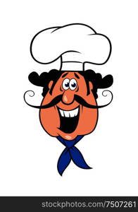 Happy italian chef cartoon character with thin curled moustache in traditional cook cap or toque and blue neckerchief. Cartoon moustached italian chef in cook cap