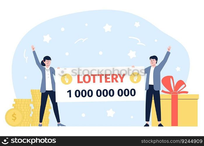 Happy jackpot winner. Lottery game, people holding winning check. Lucky guys, business and investments. Flat vector recent couple with big win. Victory concept of happy winner illustration. Happy jackpot winner. Lottery game, people holding winning check. Lucky guys, business and investments. Flat vector recent couple with big win. Victory concept