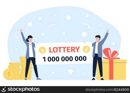 Happy jackpot winner. Lottery game, people holding winning check. Lucky guys, business and investments. Flat vector recent couple with big win. Victory concept of happy winner illustration. Happy jackpot winner. Lottery game, people holding winning check. Lucky guys, business and investments. Flat vector recent couple with big win. Victory concept