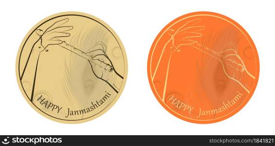 Happy Janmashtami festival of India with text, round sticker, illustration of Lord Krishna playing a wooden pipe