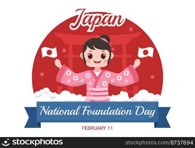 Happy Japan National Foundation Day on February 11 with Famous Japanese Landmarks and Flag in Flat Style Cartoon Hand Drawn Templates Illustration