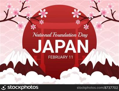 Happy Japan National Foundation Day on February 11 with Famous Japanese Landmarks and Flag in Flat Style Cartoon Hand Drawn Templates Illustration