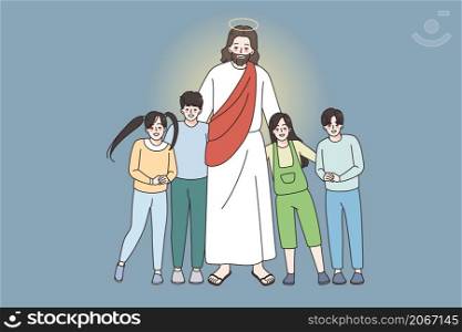 Happy Jesus hug cuddle small smiling children show love and care. Attentive Christ embrace little kids. Christianity religion. Faith and superstition concept. Vector illustration, cartoon character. . Happy Jesus hug embrace small smiling children