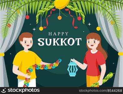 Happy Jewish Holiday Sukkot Hand Drawn Cartoon Flat Illustration with Sukkah, Etrog, Lulav, Arava, Hadas and Decoration Background Design