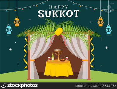 Happy Jewish Holiday Sukkot Hand Drawn Cartoon Flat Illustration with Sukkah, Etrog, Lulav, Arava, Hadas and Decoration Background Design