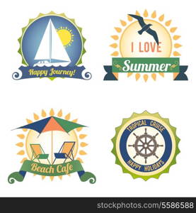 Happy journey summer ocean cruise travel color labels set isolated vector illustration