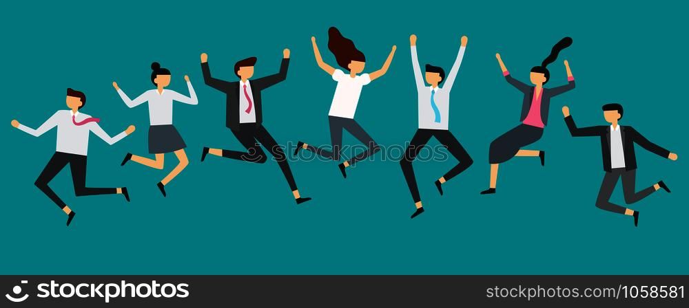 Happy jumping business people. Excited office team workers jumping at employees party, smiling professionals jump. Business characters team corporate celebration vector illustration. Happy jumping business people. Excited office team workers jumping at employees party, smiling professionals jump vector illustration
