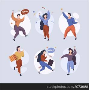 Happy jumping characters. Joyful people running standing jumping funny celebrate persons male female garish vector stylized flat pictures. People jump and confident cartoon woman and man illustration. Happy jumping characters. Joyful people running standing jumping funny celebrate persons male female garish vector stylized flat pictures