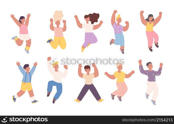 Happy jumping children. Smile girls jump, cute boy characters. Hurray emotions, isolated preschool kids. Excited little fun child vector set. Illustration of happy girl and boy, childhood character. Happy jumping children. Smile girls jump, cute boy characters. Hurray emotions, isolated flat preschool kids. Excited little fun child utter vector set