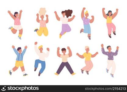 Happy jumping children. Smile girls jump, cute boy characters. Hurray emotions, isolated preschool kids. Excited little fun child vector set. Illustration of happy girl and boy, childhood character. Happy jumping children. Smile girls jump, cute boy characters. Hurray emotions, isolated flat preschool kids. Excited little fun child utter vector set
