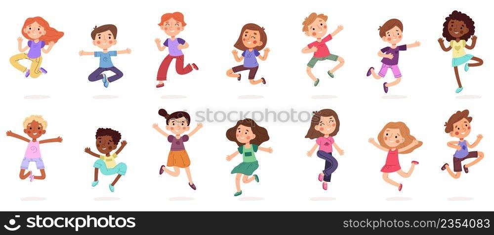 Happy jumping kids, cute active cartoon children characters. Little kids different activities vector illustration set. Children having fun and laughting together. Happy boy and girl. Happy jumping kids, cute active cartoon children characters. Little kids different activities vector illustration set. Children having fun and laughting together