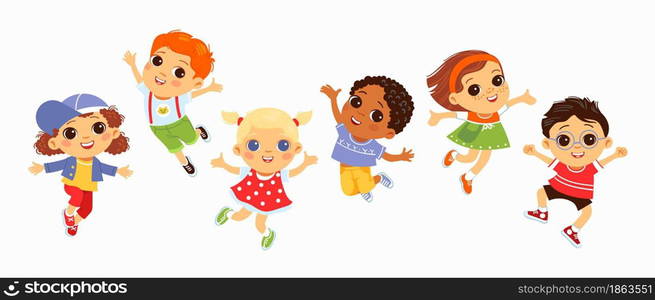 Happy jumping kids. Funny children, active little friends in flying poses, boys and girls characters gestures and face expressions, smiling and waving hands students, vector cartoon flat isolated set. Happy jumping kids. Funny children, active little friends in flying poses, boys and girls characters gestures and face expressions, smiling students, vector cartoon flat isolated set