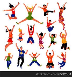 Happy jumping kids teens and adult people of different gender and age isometric colored set isolated vector illustration. Happy Jumping People Isometric Set