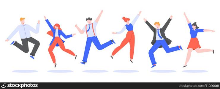 Happy jumping office team. Smiling people jumping at work winning party, business team celebration, corporate colleagues celebrate and joy together vector illustration. Coworkers cartoon character. Happy jumping office team. Smiling people jumping at work winning party, business team celebration, corporate colleagues celebrate and joy together vector illustration. Coworkers flat character