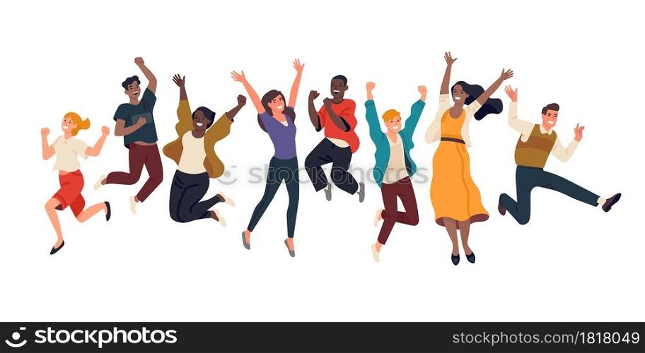 Happy jumping people. Joyful young men and women, energetic multinational persons group, cheerful friends, funny active excited team or friendship company vector set. Happy jumping people. Joyful young men and women, energetic multinational persons group, cheerful friends, funny active team. Vector set