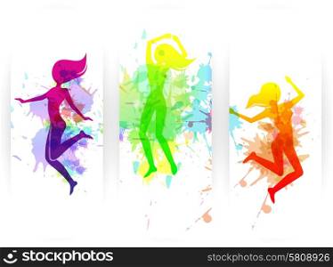 Happy jumping people silhouettes colorful vertical paper banners set isolated vector illustration. Jumping People Banners