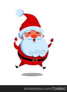 Happy jumping Santa Claus vector illustration isolated on white background. Father Christmas leaps in air greeting everyone and smiling from joy. Happy Jumping Santa Claus Vector Isolated Icon