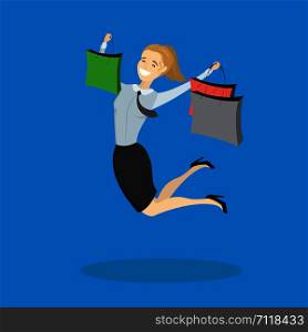 Happy Jumping woman with shopping bags,cartoon vector illustration. Happy Jumping woman with shopping bags