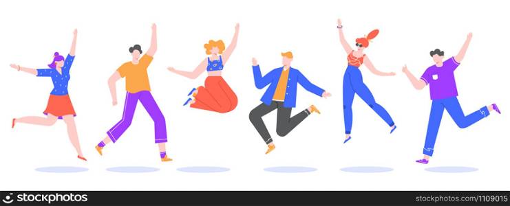 Happy jumping young people. Excited student characters, happy teenagers and joyful people jumped together, happy jumping team isolated vector illustration. Faceless dancing human pack in flat style. Happy jumping young people. Excited student characters, happy teenagers and joyful people jumped together, happy jumping team isolated vector illustration. Faceless cartoon human set in flat style