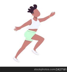 Happy jumping young woman semi flat color vector character. Showing happiness. Running figure. Full body person on white. Simple cartoon style illustration for web graphic design and animation. Happy jumping young woman semi flat color vector character