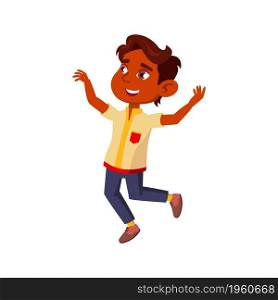 Happy Kid Boy Dancing And Walking Outdoor Vector. Happiness Hispanic Little Child Walk With Smile In Park. Character Infant Celebrate Victory In Game With Friend Flat Cartoon Illustration. Happy Kid Boy Dancing And Walking Outdoor Vector