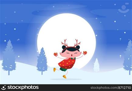 Happy Kid Child Girl Dancing Skating on Snow Winter Christmas Illustration
