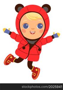 Happy kid in cold weather clothing. Cartoon child jumping isolated on white background. Happy kid in cold weather clothing. Cartoon child jumping