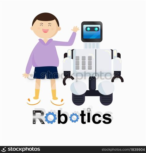 Happy kid playing with toy robot at home. Robotics and boy mechanic repairing the robot. emblem of robotics. isolated on white. Flat vector illustration For education, science, and technology.