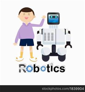 Happy kid playing with toy robot at home. Robotics and boy mechanic repairing the robot. emblem of robotics. isolated on white. Flat vector illustration For education, science, and technology.