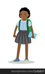 Happy Kid schoolgirl with backpack and book ,isolated on white background,flat vector illustration.