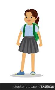 Happy Kid schoolgirl with backpack ,isolated on white background,flat vector illustration.