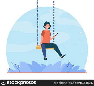 Happy kid sitting on swing and holding phone. Boy, smartphone, game flat vector illustration. Childhood and entertainment concept for banner, website design or landing web page