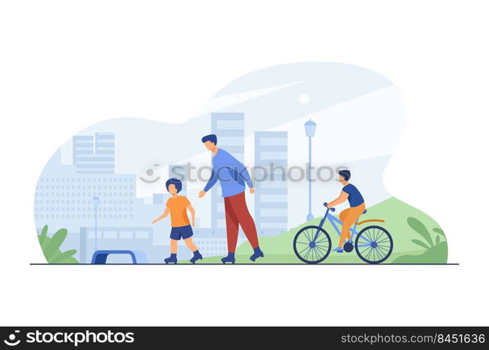 Happy kids and man rolling and cycling. Roller skates, bicycle, city flat vector illustration. Urban lifestyle and weekend concept for banner, website design or landing web page