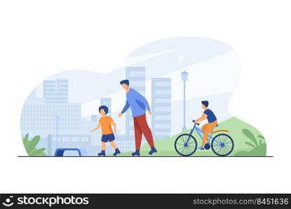 Happy kids and man rolling and cycling. Roller skates, bicycle, city flat vector illustration. Urban lifestyle and weekend concept for banner, website design or landing web page