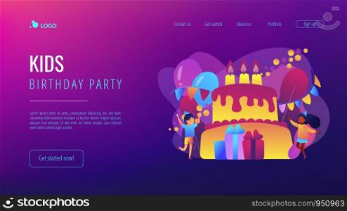 Happy kids at huge cake with candles and gift boxes celebrating birthday party. Kids birthday party, kids party ideas, indoor party spot concept. Website vibrant violet landing web page template.. Kids birthday concept landing page.