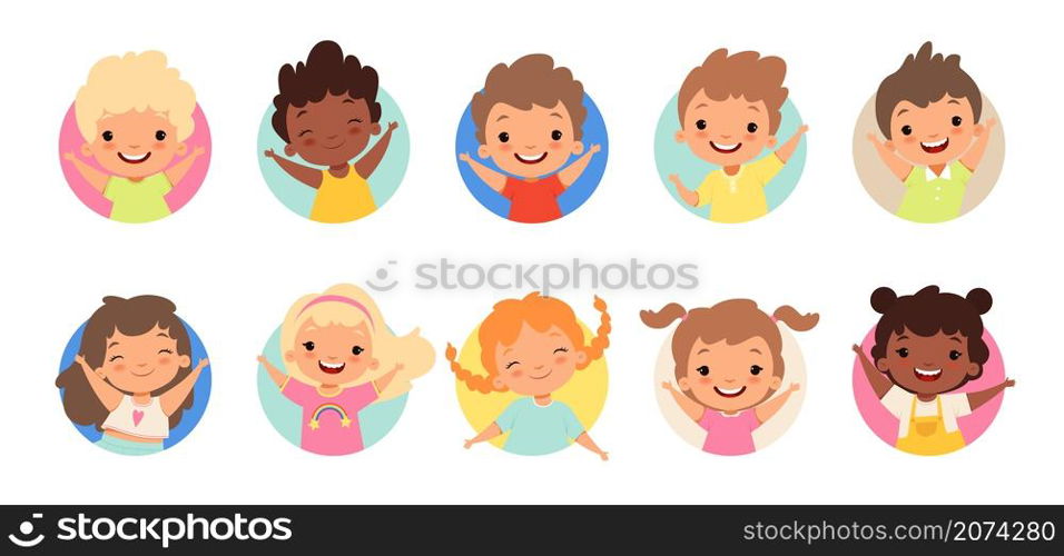 Happy kids avatars. Cute children smiling, boy girl in rounds vector set. Illustration girl and boy avatar, happy kids, child happiness. Happy kids avatars. Cute children smiling, boy girl in rounds vector set