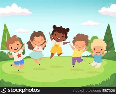 Happy kids background. Funny childrens playing and jumping laughing teen people vector characters. Happy girl and boy preschool, cartoon childhood illustration. Happy kids background. Funny childrens playing and jumping laughing teen people vector characters
