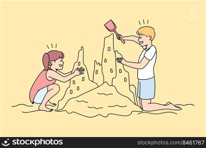 Happy kids building sand castle on beach. Smiling children have fun playing on seashore on summer vacation. Vector illustration.. Happy children building sand castle