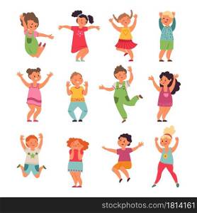Happy kids. Cartoon children, preschool jumping girls boys. Emotional little funny people playing, isolated cute active friends vector set. Illustration child emotion, preschool children illustration. Happy kids. Cartoon children, preschool jumping girls boys. Emotional little funny people playing, isolated cute active friends vector set