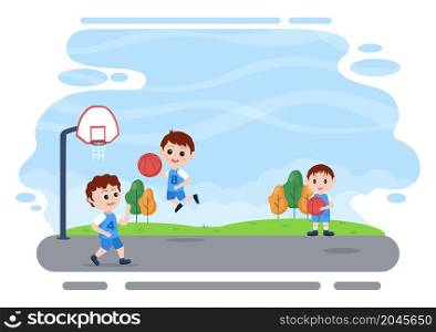Happy Kids Cartoon Playing Basketball Flat Design Illustration Wearing Basket Uniform in Outdoor Court for Background, Poster or Banner