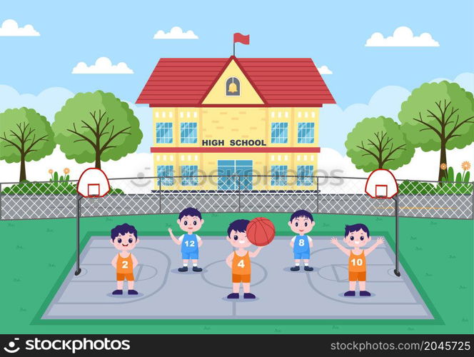 Happy Kids Cartoon Playing Basketball Flat Design Illustration Wearing Basket Uniform in Outdoor Court for Background, Poster or Banner