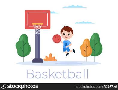 Happy Kids Cartoon Playing Basketball Flat Design Illustration Wearing Basket Uniform in Outdoor Court for Background, Poster or Banner