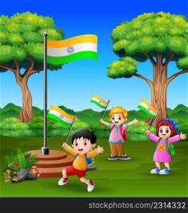 Happy kids celebrating of Indian Republic Day on the nature