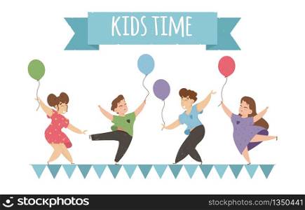 Happy Kids Dancing and Jumping with Colorful Balloons. Children Rejoice on Summer Time Vacation or Party. Cute Funny Boys and Girls Stand on Flags Garland Cartoon Flat Vector Illustration, Banner. Happy Kids Dancing and Jumping with Balloons.
