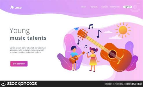 Happy kids enjoy singing and playing the guitar at summer camp, tiny people. Musical camp, young music talents, music and song courses concept. Website homepage landing web page template.. Musical camp concept landing page.